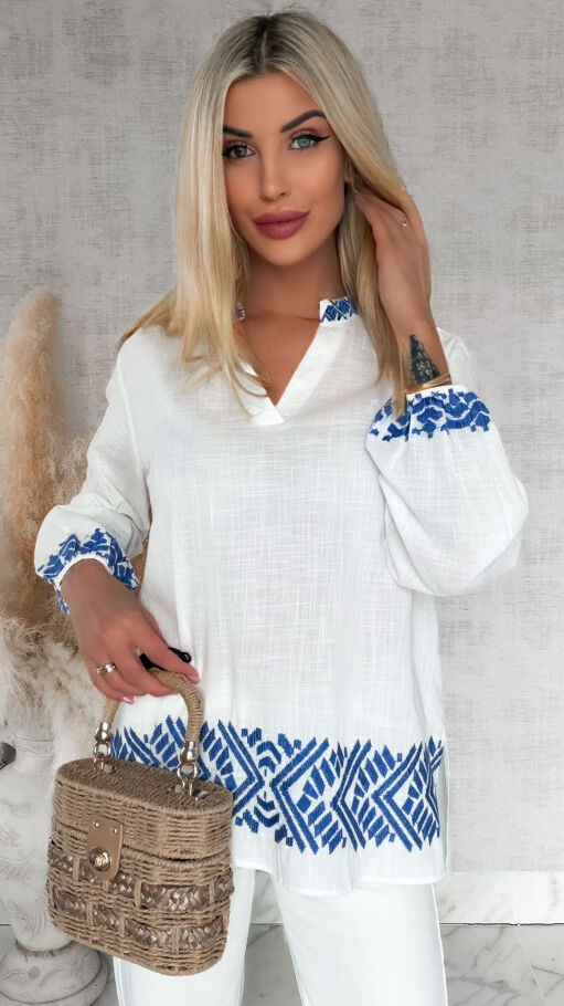 Biała bawełniana bluzka w luźnym stylu z haftowaniem ONE SIZE - R816