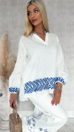 Biała bawełniana bluzka w luźnym stylu z haftowaniem ONE SIZE - R816