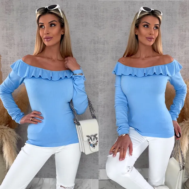 Mięciutki lekki sweter z wiskozy z falbanką BLUE one size - R649C