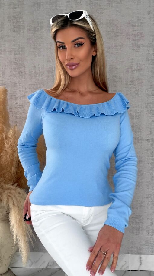 Mięciutki lekki sweter z wiskozy z falbanką BLUE one size - R649C