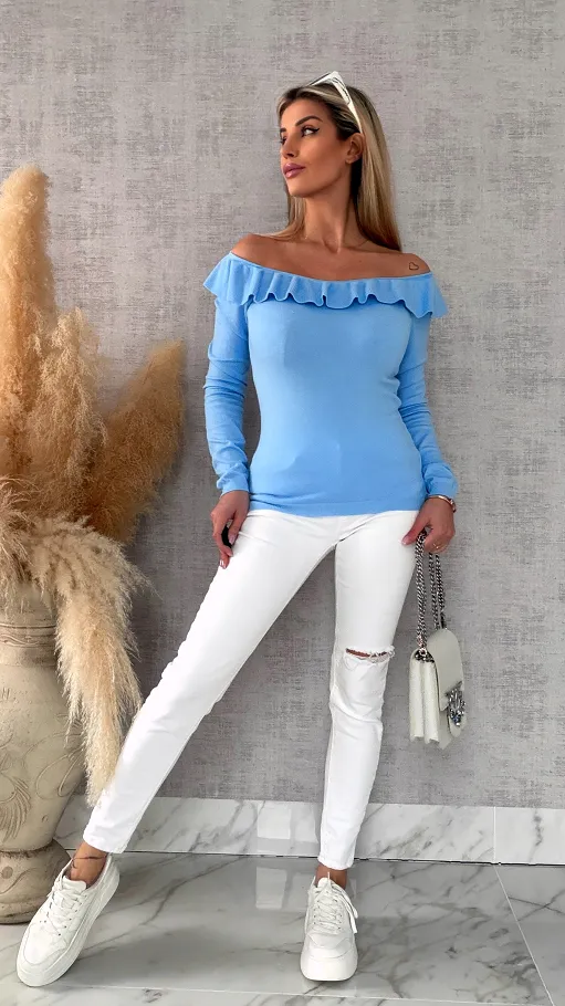 Mięciutki lekki sweter z wiskozy z falbanką BLUE one size - R649C