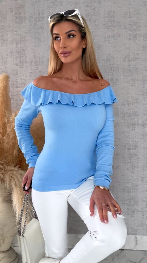 Mięciutki lekki sweter z wiskozy z falbanką BLUE one size - R649C