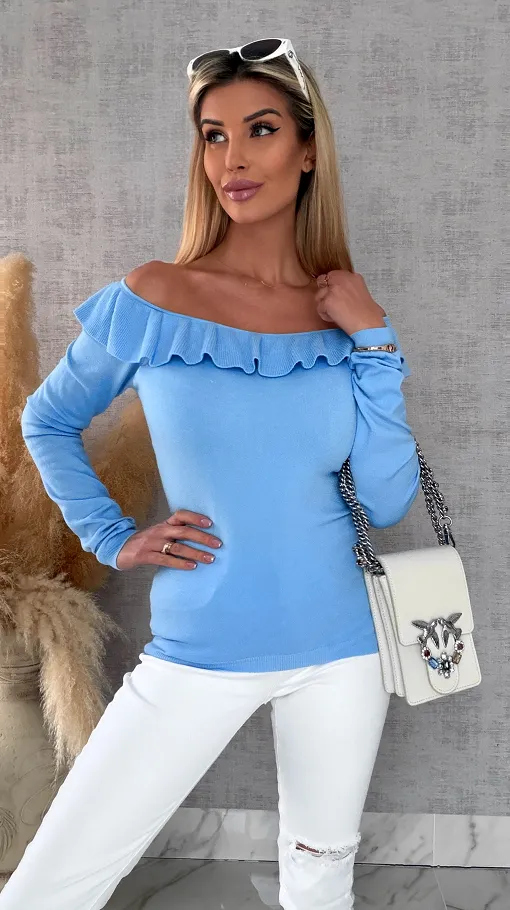 Mięciutki lekki sweter z wiskozy z falbanką BLUE one size - R649C