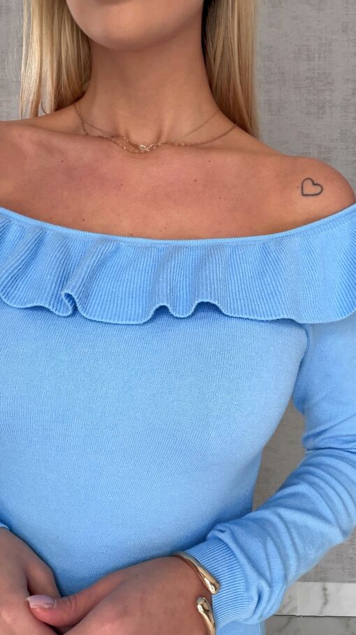 Mięciutki lekki sweter z wiskozy z falbanką BLUE one size - R649C