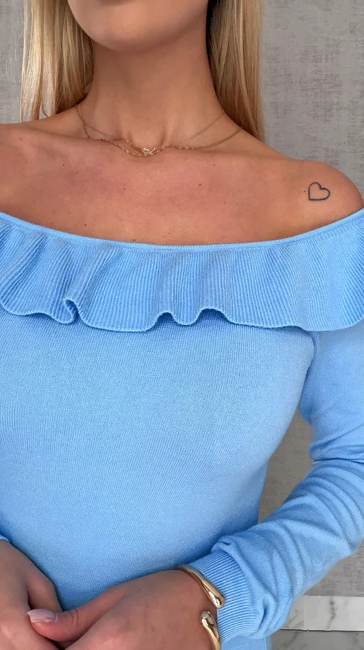 Mięciutki lekki sweter z wiskozy z falbanką BLUE one size - R649C