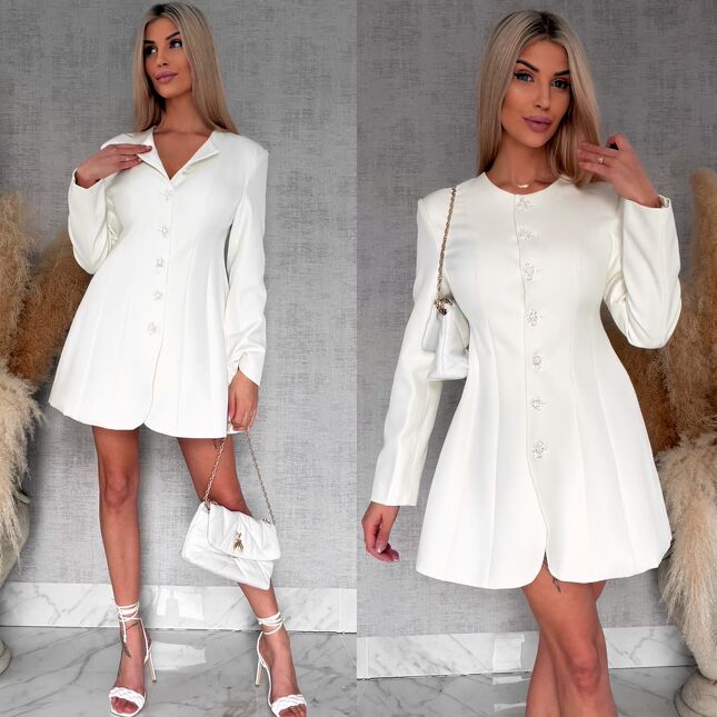 Elegancka sukienka marynarkowa z ozdobnymi guzikami ECRU - R703