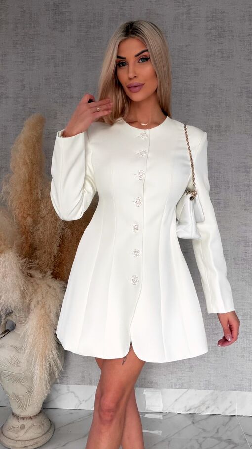 Elegancka sukienka marynarkowa z ozdobnymi guzikami ECRU - R703