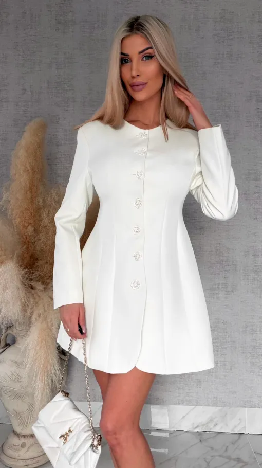 Elegancka sukienka marynarkowa z ozdobnymi guzikami ECRU - R703