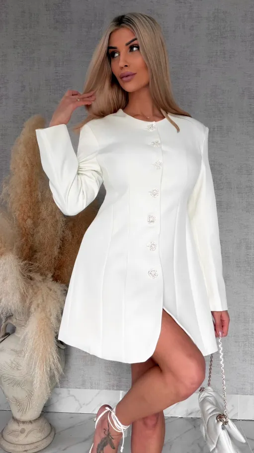 Elegancka sukienka marynarkowa z ozdobnymi guzikami ECRU - R703