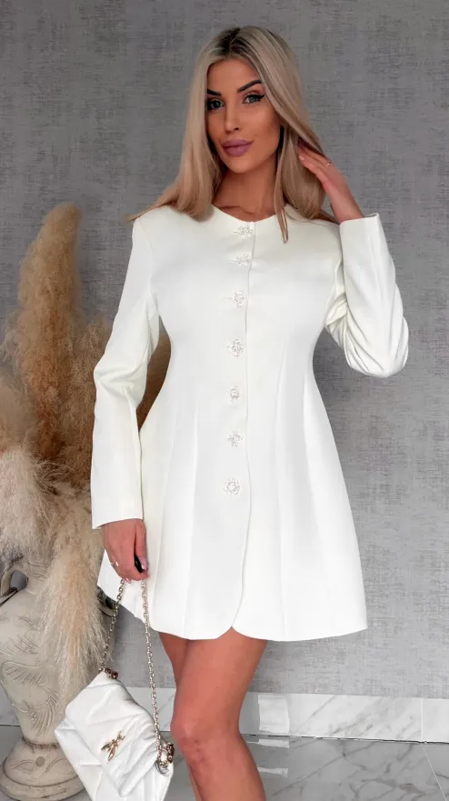 Elegancka sukienka marynarkowa z ozdobnymi guzikami ECRU - R703