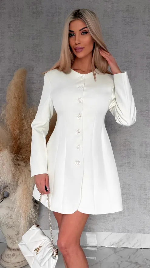 Elegancka sukienka marynarkowa z ozdobnymi guzikami ECRU - R703