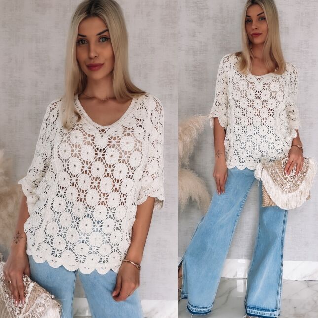 Oryginalny ażurowy sweter nietoperz z siateczkowym tyłem ONE SIZE ecru - R907