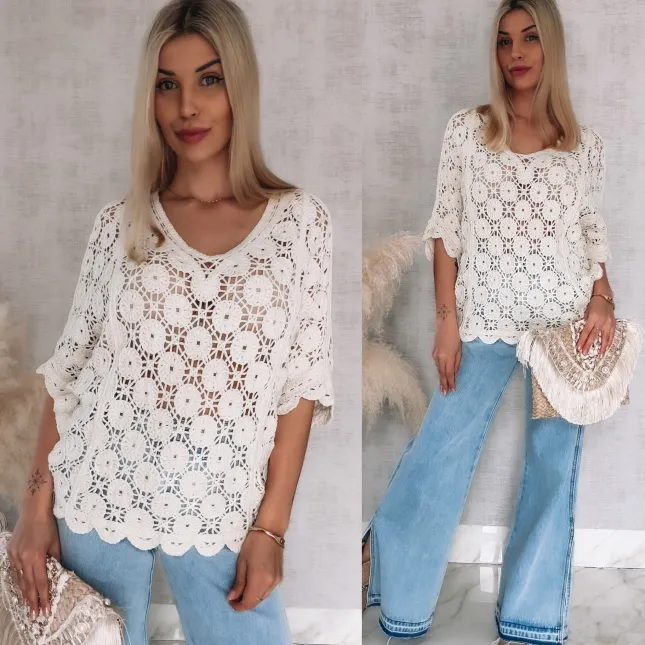 Oryginalny ażurowy sweter nietoperz z siateczkowym tyłem ONE SIZE ecru - R907