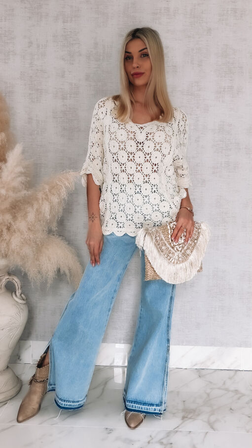 Oryginalny ażurowy sweter nietoperz z siateczkowym tyłem ONE SIZE ecru - R907