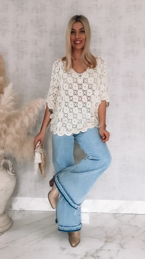 Oryginalny ażurowy sweter nietoperz z siateczkowym tyłem ONE SIZE ecru - R907