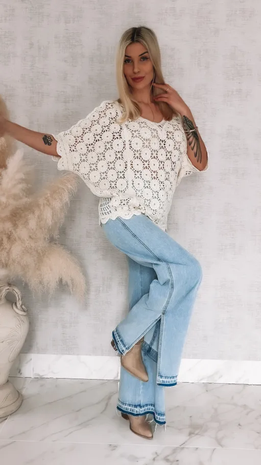Oryginalny ażurowy sweter nietoperz z siateczkowym tyłem ONE SIZE ecru - R907