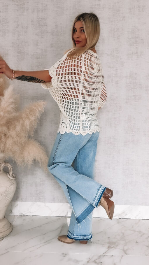 Oryginalny ażurowy sweter nietoperz z siateczkowym tyłem ONE SIZE ecru - R907