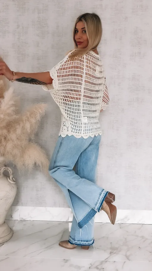 Oryginalny ażurowy sweter nietoperz z siateczkowym tyłem ONE SIZE ecru - R907