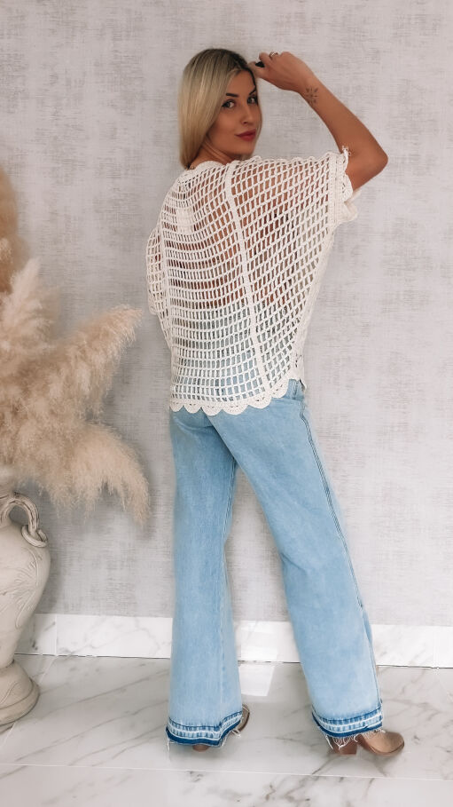 Oryginalny ażurowy sweter nietoperz z siateczkowym tyłem ONE SIZE ecru - R907