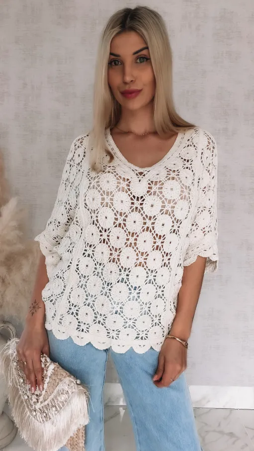 Oryginalny ażurowy sweter nietoperz z siateczkowym tyłem ONE SIZE ecru - R907