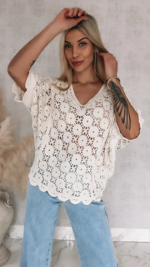 Oryginalny ażurowy sweter nietoperz z siateczkowym tyłem ONE SIZE ecru - R907