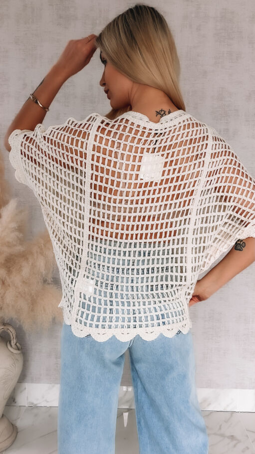 Oryginalny ażurowy sweter nietoperz z siateczkowym tyłem ONE SIZE ecru - R907