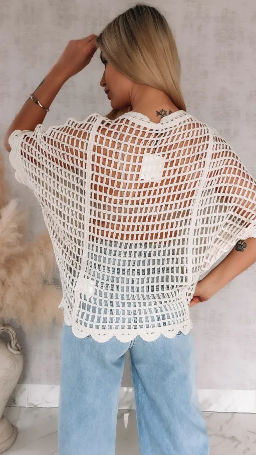 Oryginalny ażurowy sweter nietoperz z siateczkowym tyłem ONE SIZE ecru - R907