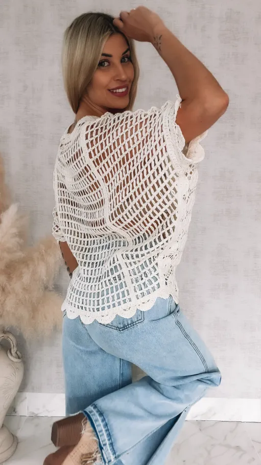 Oryginalny ażurowy sweter nietoperz z siateczkowym tyłem ONE SIZE ecru - R907
