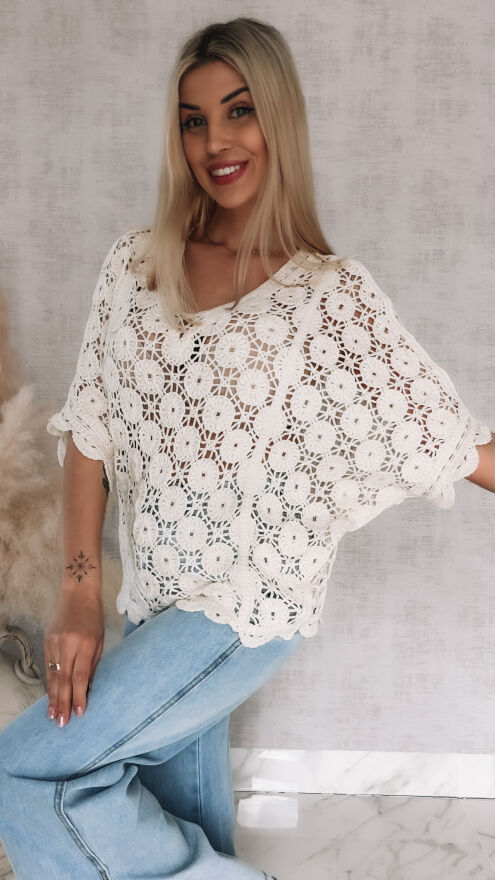 Oryginalny ażurowy sweter nietoperz z siateczkowym tyłem ONE SIZE ecru - R907