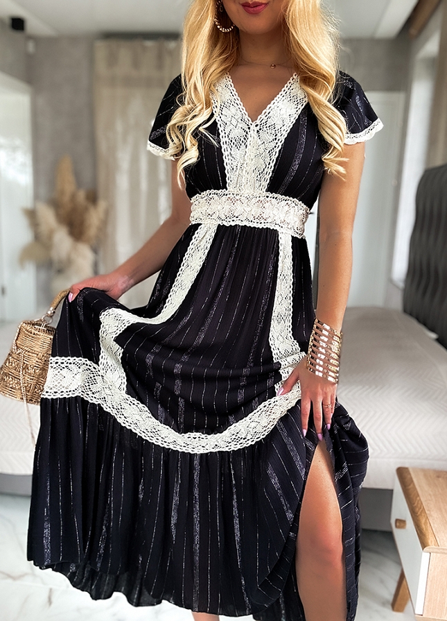 Maxi czarna sukienka PREMIUM z kontrastową koronką i srebrna nitką - N022