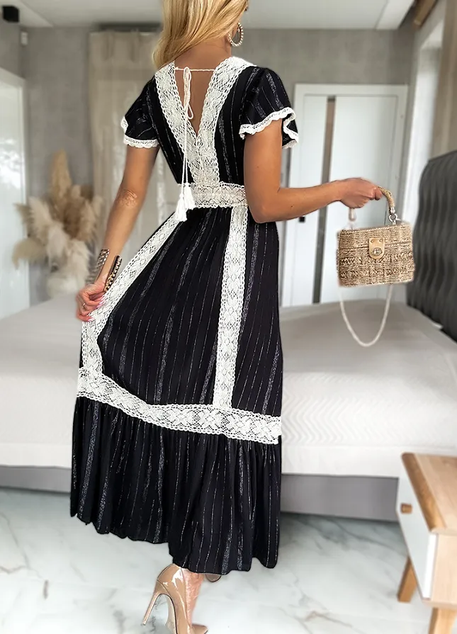 Maxi czarna sukienka PREMIUM z kontrastową koronką i srebrna nitką - N022