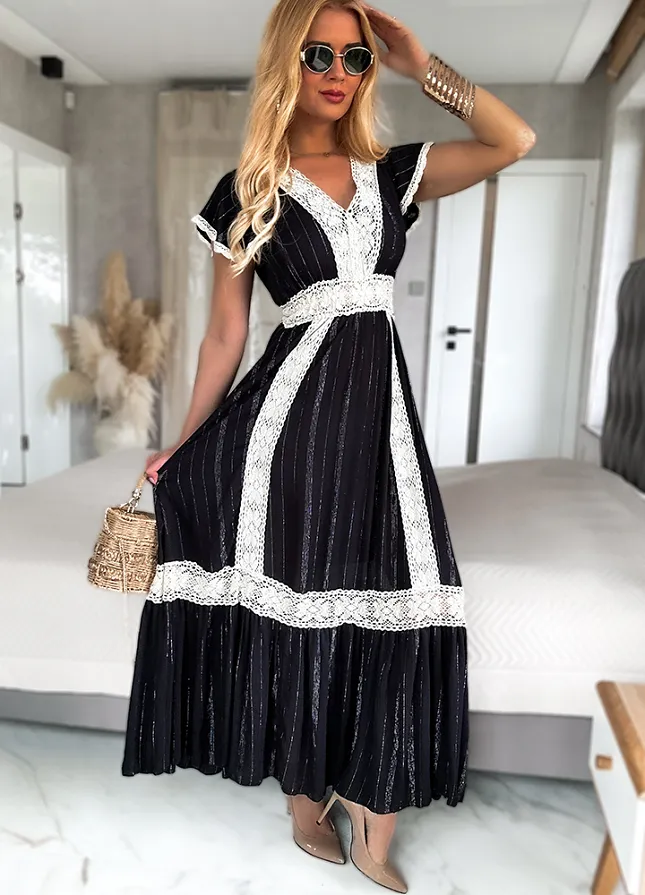 Maxi czarna sukienka PREMIUM z kontrastową koronką i srebrna nitką - N022