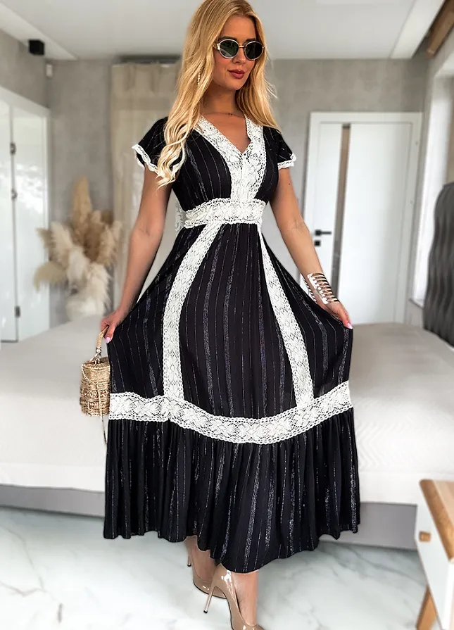 Maxi czarna sukienka PREMIUM z kontrastową koronką i srebrna nitką - N022