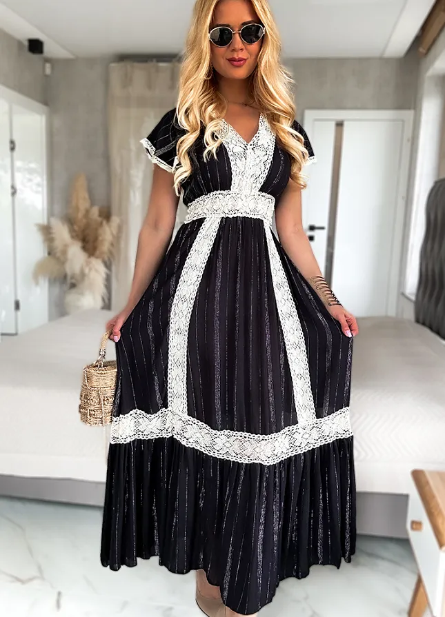 Maxi czarna sukienka PREMIUM z kontrastową koronką i srebrna nitką - N022