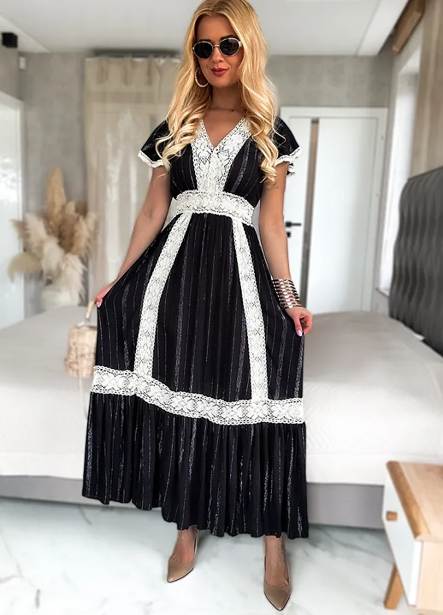 Maxi czarna sukienka PREMIUM z kontrastową koronką i srebrna nitką - N022