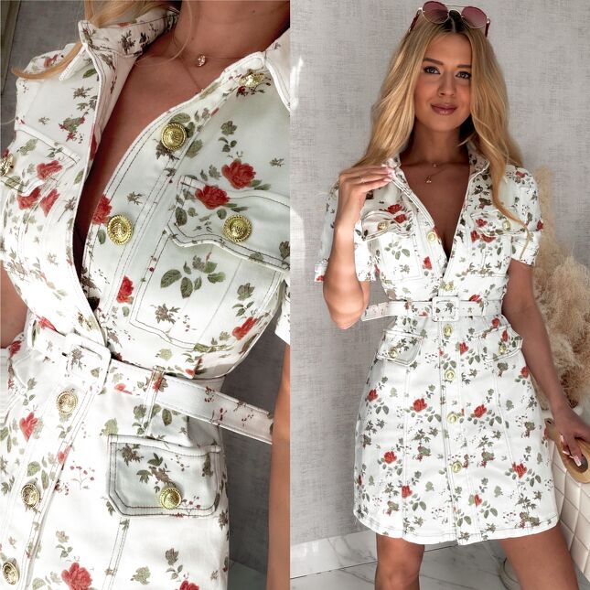Elastyczna jeansowa sukienka na lato w kolorowe kwiaty WHITE JEANS - S070