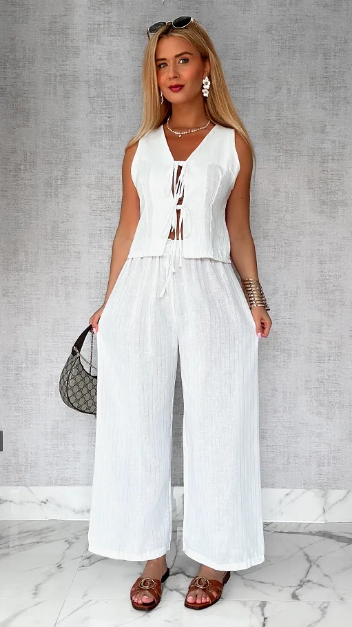 Elegancki biały komplet lniany ze srebrną nitką ONE SIZE - P811A