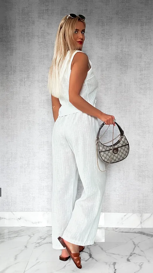 Elegancki biały komplet lniany ze srebrną nitką ONE SIZE - P811A