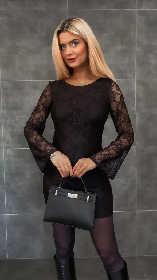 Czarna mini sukienka z koronki ONE SIZE - R337