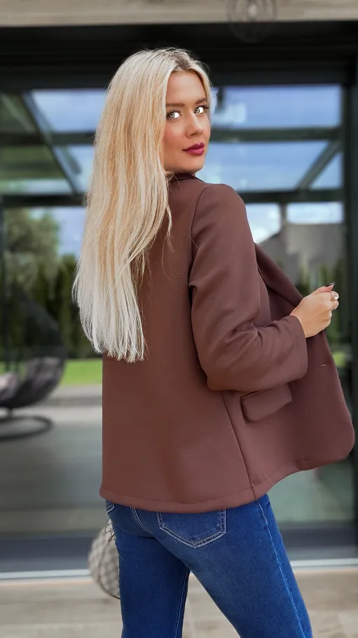 Wygodna dzianinowa marynarka z różą CZEKOLADOWA one size - P956B