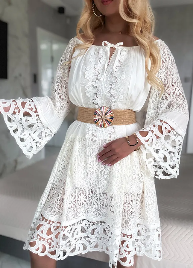 Letnia biała BOHO sukienka OVERSIZE z koronkami - M982