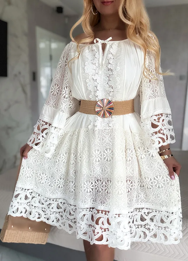 Letnia biała BOHO sukienka OVERSIZE z koronkami - M982