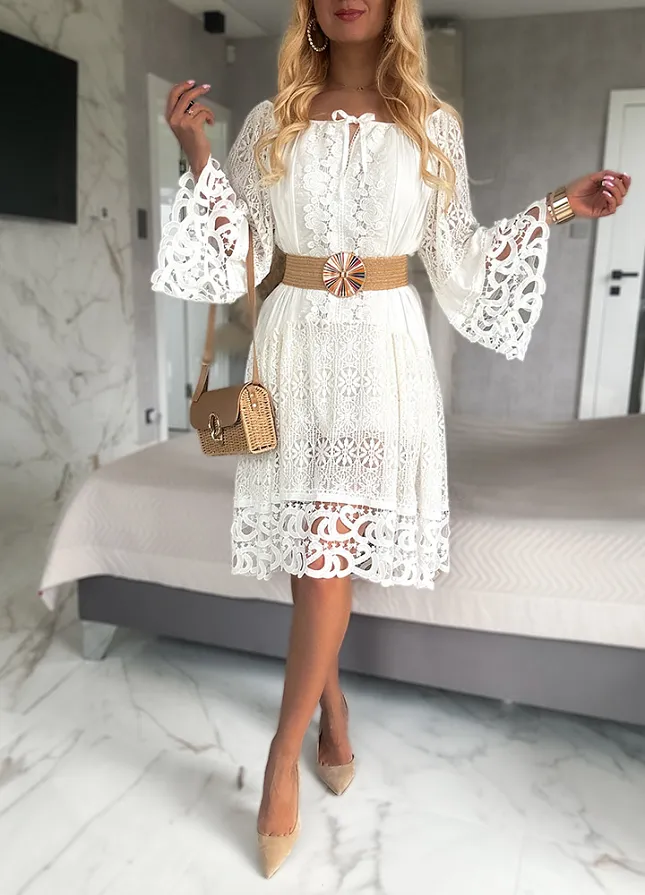 Letnia biała BOHO sukienka OVERSIZE z koronkami - M982