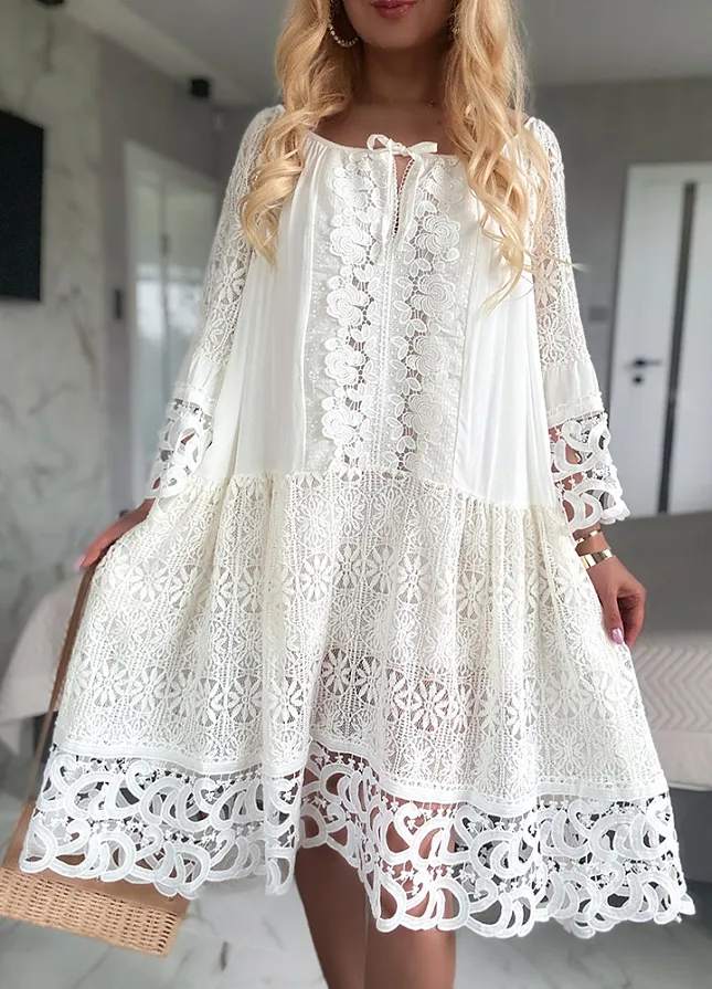 Letnia biała BOHO sukienka OVERSIZE z koronkami - M982