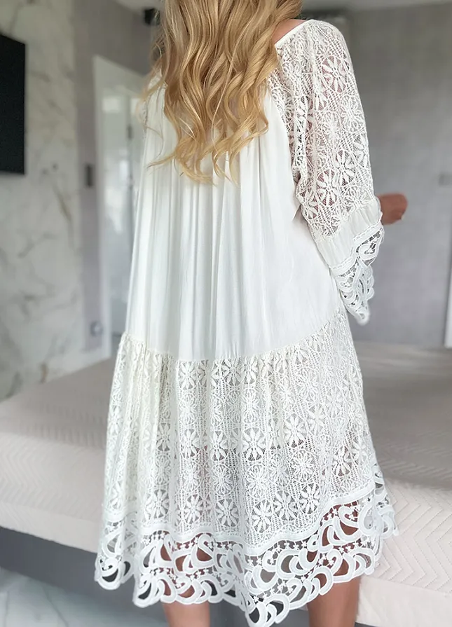 Letnia biała BOHO sukienka OVERSIZE z koronkami - M982