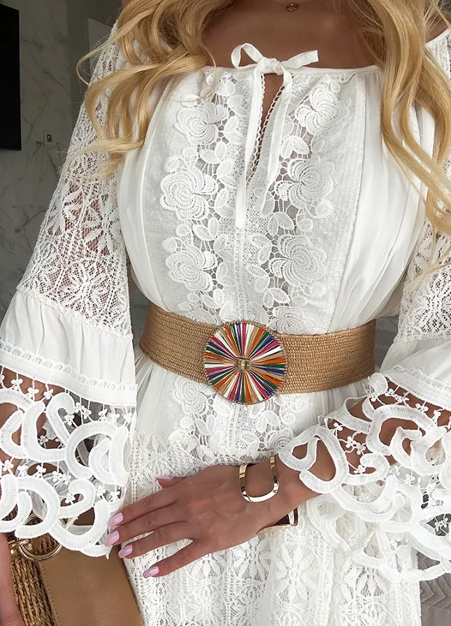 Letnia biała BOHO sukienka OVERSIZE z koronkami - M982