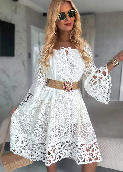 Letnia biała BOHO sukienka OVERSIZE z koronkami - M982