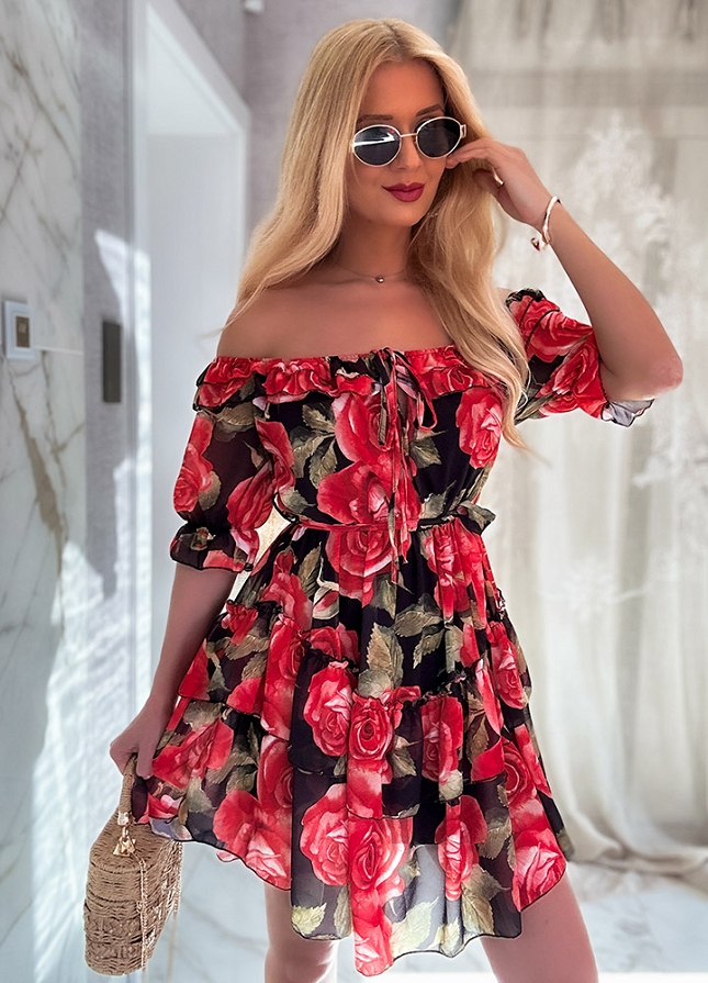 Piękna sukienka hiszpanka na wiosnę i lato w CZERWONE róże  - N095B
