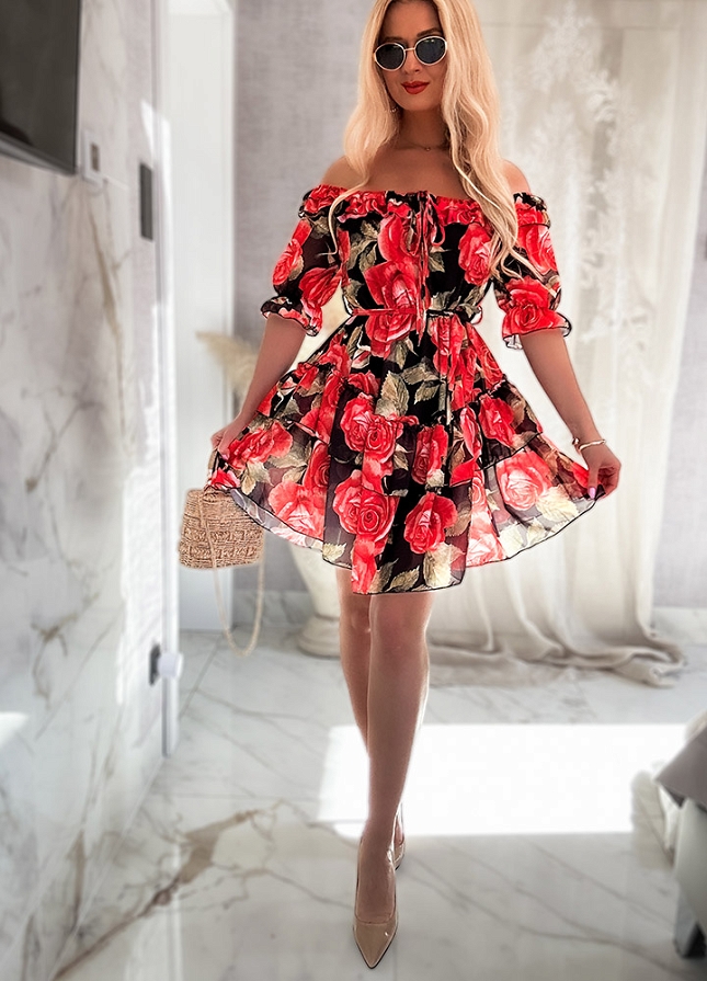 Piękna sukienka hiszpanka na wiosnę i lato w CZERWONE róże  - N095B