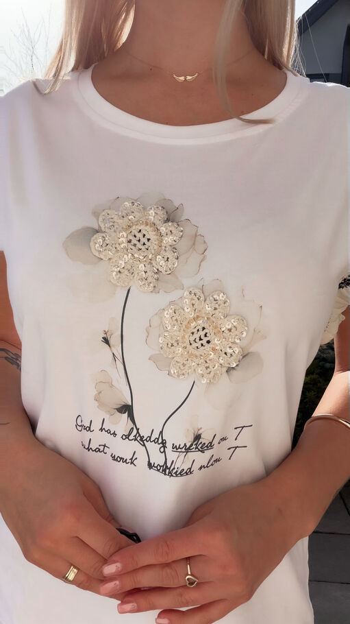 Bawełniana biała bluzka T-SHIRT z boho kwiatuszkami ONE SIZE - R789